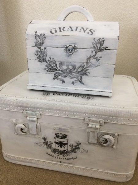 Mod Podge Transfers on Chalk Painted Suitcase and Seed Box